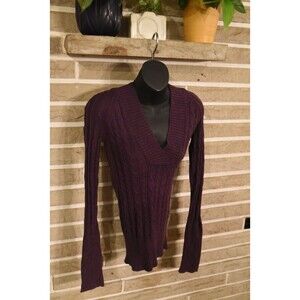 Vtg American Eagle Women Hooded Sweater Sz XS Purple Cable Knit Y2K Preppy Bella